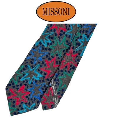 Gravata Missoni cinza - Gravata italiana abstrata multicolorida padrão de pontos de estrelas seda - Imagem 1 de 4
