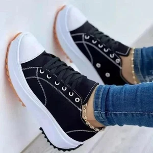 Damen-Sneaker lässig bedruckt Plateau bequem atmungsaktiv Schnürschuhe Canvas neu - Bild 1 von 15
