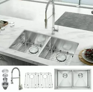 32x18'' Double Bowl Stainless Steel Undermount Kitchen Sink w/ Faucet Wash Basin - Picture 1 of 10