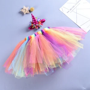Children Rainbow Color Tutu Skirt Dress Unicorn Headwear Skirt Set for Girls - Picture 1 of 12