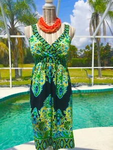 INC Black,Green,Blue DRAMATIC Floral Empire Waist SUMMER Dress L WORN ONCE - Picture 1 of 24