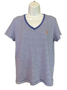 Ralph Lauren Women Top XL Blue White Striped V-Neck Short Sleeve Normcore Preppy - Picture 1 of 6