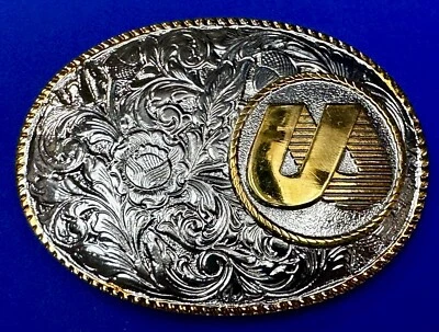 UA Company Logo Floral Flower Design Gold & Silver Tone Vintage Belt Buckle - Image 1 of 4