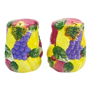 Vintage Salt Pepper Shakers Fruit Pattern Bright Colors Have Stoppers S&P Kitsch - Picture 1 of 9