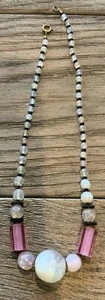 Vtg Czech Pink Atlas Glass White Foiled Glass Black Washer Graduated Necklace - Picture 1 of 21