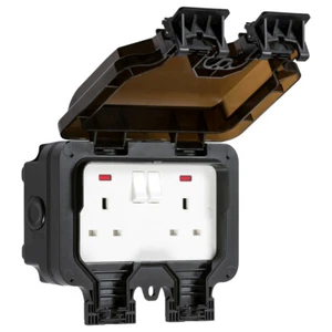 Black Outdoor Double Switch Socket Waterproof IP66 IK06 Lockable Garden Outside - Picture 1 of 12