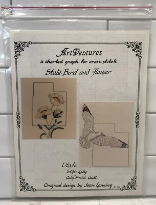 Cross-Stitch Pattern State Bird & Flower Of Utah California Gull & Sego Lily - Image 1 of 3
