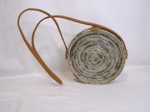 Boho Round Woven Newspaper Crossbody Bag with Leather Strap - Picture 1 of 15