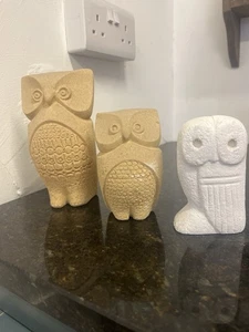 Vintage StoneArt Belgium Owls + White Chalk Owl – Mid Century Modern Trio - Foto 1 di 8