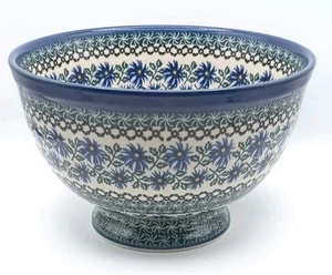 Polnische Keramik Ceramika große Pedastalschale 10" Gänseblümchen 976 blau Chicorée - Bild 1 von 6
