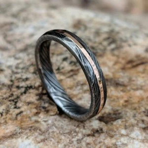 Ladies Damascus Steel Wedding Bands with 14k Solid Rose Gold Inlay - Picture 1 of 6
