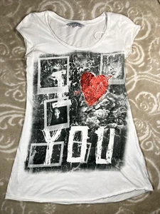 Women's T Shirt Y2K ClockHouse Small I Love You Heart White Graphic Embellished - Picture 1 of 7