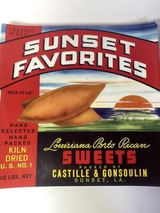 VTG Crate Labels Sunset Favorites Louisiana Porto Rican Sweets 50 Lbs. 9” X 9” - Picture 1 of 4