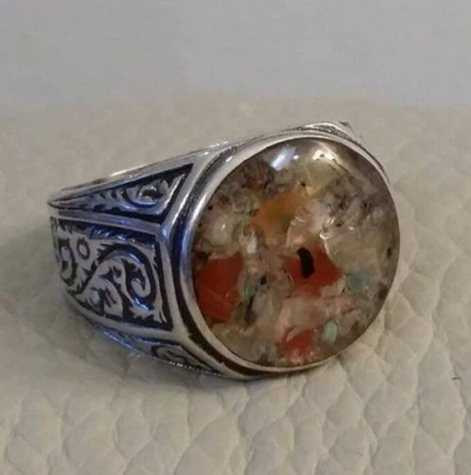 ANELLO ARGENTO 925 UOMO inciso pietra dura - Immagine 1 di 1