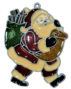 Vintage handgefertigter Buntglas Weihnachtsmann überprüft seine Liste Sonnenfänger Ornament - Bild 1 von 2
