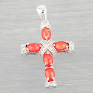 Latin Cross Red Fire Opal Cabochon CZ Silver Jewelry Necklace Pendant - Picture 1 of 6