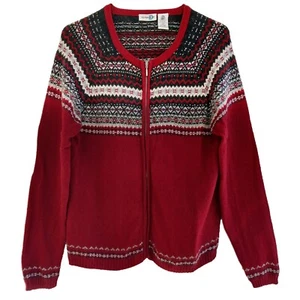 Paul Harris Design Size L Red Blue Fair Isle Long Sleeve 100% Wool Knit Cardigan - Picture 1 of 6