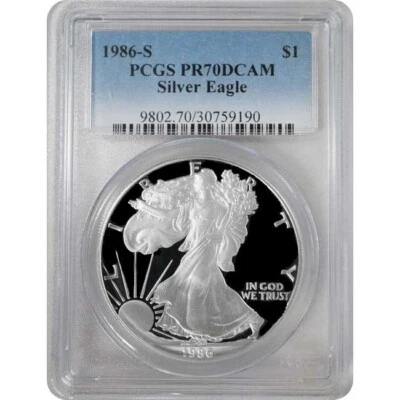 1986-S American Proof Silver Eagle one Dollar Coin PCGS PR70 DCAM - Image 1 of 2