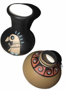 Southwestern Handmade Vases (2) Signed Miniature 2.5” Tall Brown & 4” Tall Black - Picture 1 of 5