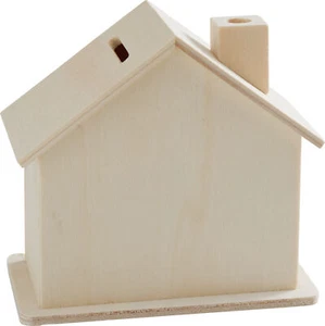 VBS Money Box House 10.5x10x5.5cm Raw Wood with Rubber Lock Money Box - Picture 1 of 5