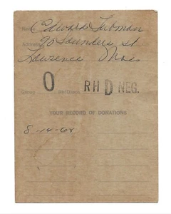 1968 Blood Donor Card-Massachusetts General Hospital-O Negative-Boston MA - Picture 1 of 4