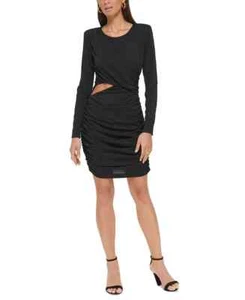Guess Ruched Cut-Out Long-Sleeve Mini Dress Women's 16 Black Back Zip Closure - Picture 1 of 14