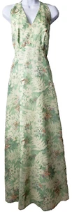Bianchi Chiffon Maxi Dress 12 Halter V Neck Green Floral Boho Hippie Vintage 70s - Picture 1 of 12