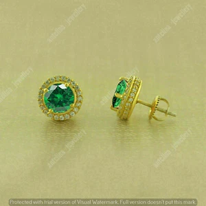 2Ct Round Cut Simulated Emerald & Diamond Halo Stud Earrings 14k Yellow Gold FN - Picture 1 of 4