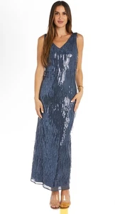 R&M Richards Blue Dress Sequin Fringe Open Back Long Sleeveless Flattering 14 - Picture 1 of 9