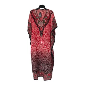 Indian Boho Paisley Kaftan Flowy Dress One Size Women Red Black Art To Wear New - Picture 1 of 13