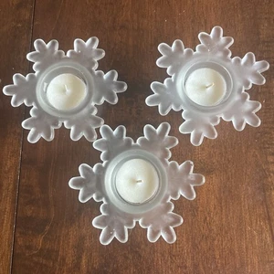 Snowflake Tea Light Candle Holders Frosted Glass 4.5 x 1.5" Set of 3 Winter EPOC - Picture 1 of 3