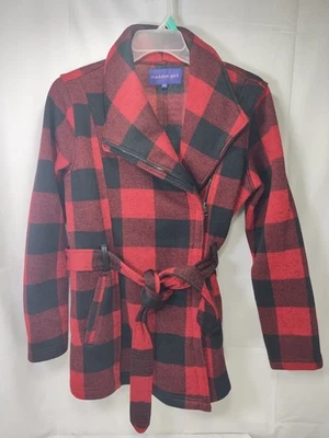 Madden Girl Red & Black Plaid Flannel Jacket Coat Women's Large Zip Belt Tie  - Image 1 of 4