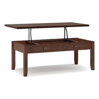 Mesa de centro elevadora Simpli Home Artisan 46"W de madera maciza en marrón ruso Foto 1 de 4