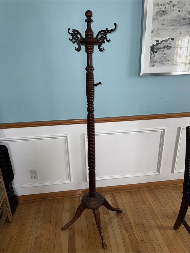 Antiguo árbol de abrigo victoriano color caoba ornamentado hecho a mano para renovar 68" Foto 1 de 4