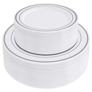 100-Piece Silver Trim Plastic Dinnerware Set – 50 10.25" Dinner & 50 7.5" Sal... - Picture 1 of 7