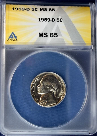 1959 D Jefferson Nickel MS65 Uncirculated ANACS Cover