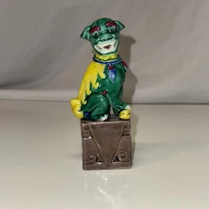 1 Antique 19th C Foo Dog Statue Porcelain Chinese Fu Guardian Green Yellow - Picture 1 of 10