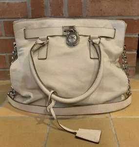 MICHAEL KORS Hamilton Saffiano Satchel Leather Tote Chain Large Off White Beige - Picture 1 of 9