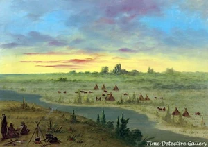 Campamento de los indios Pawnee al atardecer por George Catlin - Impresión artística histórica - Imagen 1 de 1