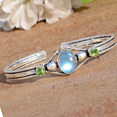 Labradorite & Peridot Cut Gemstone 925 Sterling Silver Bangle Cuff For Occasion - Image 1 of 4