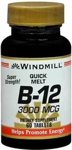 Windmill Quick Melt B-12 Helps Promote Energy Tablets 3000mcg 60 Count Pack of 2 - Picture 1 of 2