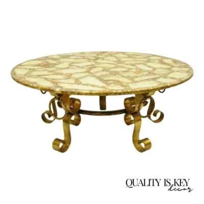 Hollywood Regency Gold Iron Scroll Agate Stone Specimen Resin Top Coffee Table - Image 1 of 4