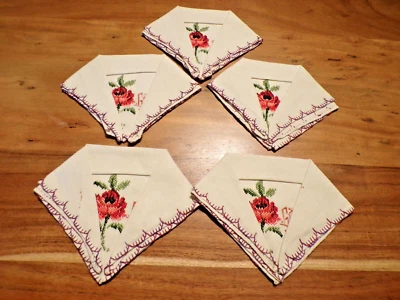 Linge ancien 5 Serviettes lin ecru brodées de rose et monogramme GC   ( ref 36 ) - Photo 1/4