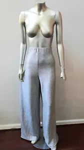 NWT SILVER TEXTURED PALAZZO WIDE LEGS HIGH WAIST SEMI SHEER PANTS PARTY sz M - Picture 1 of 6