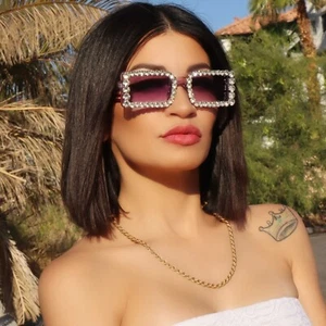 Look at Me Now Slim Rectangular Sunglasses w Rhinestones on Purple Frames & Lens - Picture 1 of 3