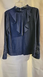 Womens Shein Size Medium Blue Crochet Sleeve Ruffle Front Top - Picture 1 of 5