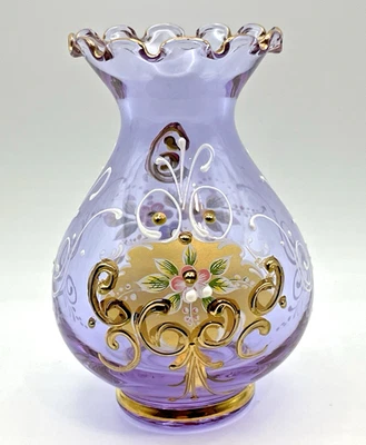 Jarrón italiano vintage pintado a mano de vidrio violeta 4" esmalte aplicado y dorado firmado Foto 1 de 4