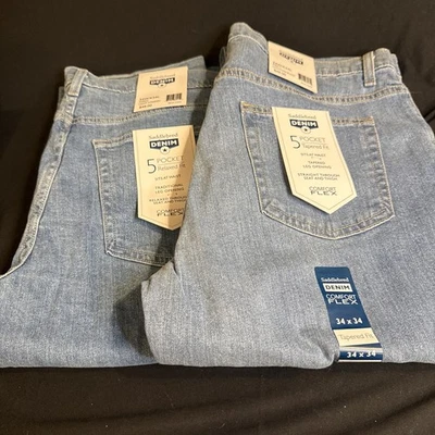Saddlebred 舒适弹性牛仔裤 34x34 浅水洗锥形合身全新带标签  — 第 1/4 张图片