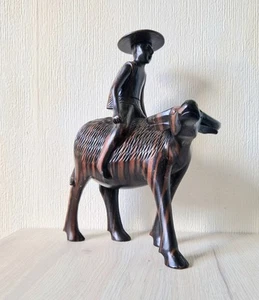 Vintage Large Carved Exotic Hardwood Water Buffalo & Rider Figure Ornament - Picture 1 of 10