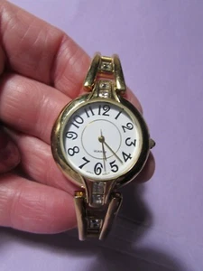 Vintage goldtone quartz wrist watch w/rhinestones/expansion band - needs battery - Picture 1 of 4